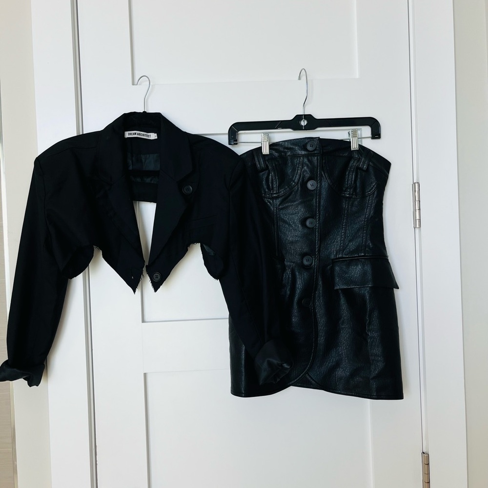 Chic Black Cropped Blazer and Skirt Set